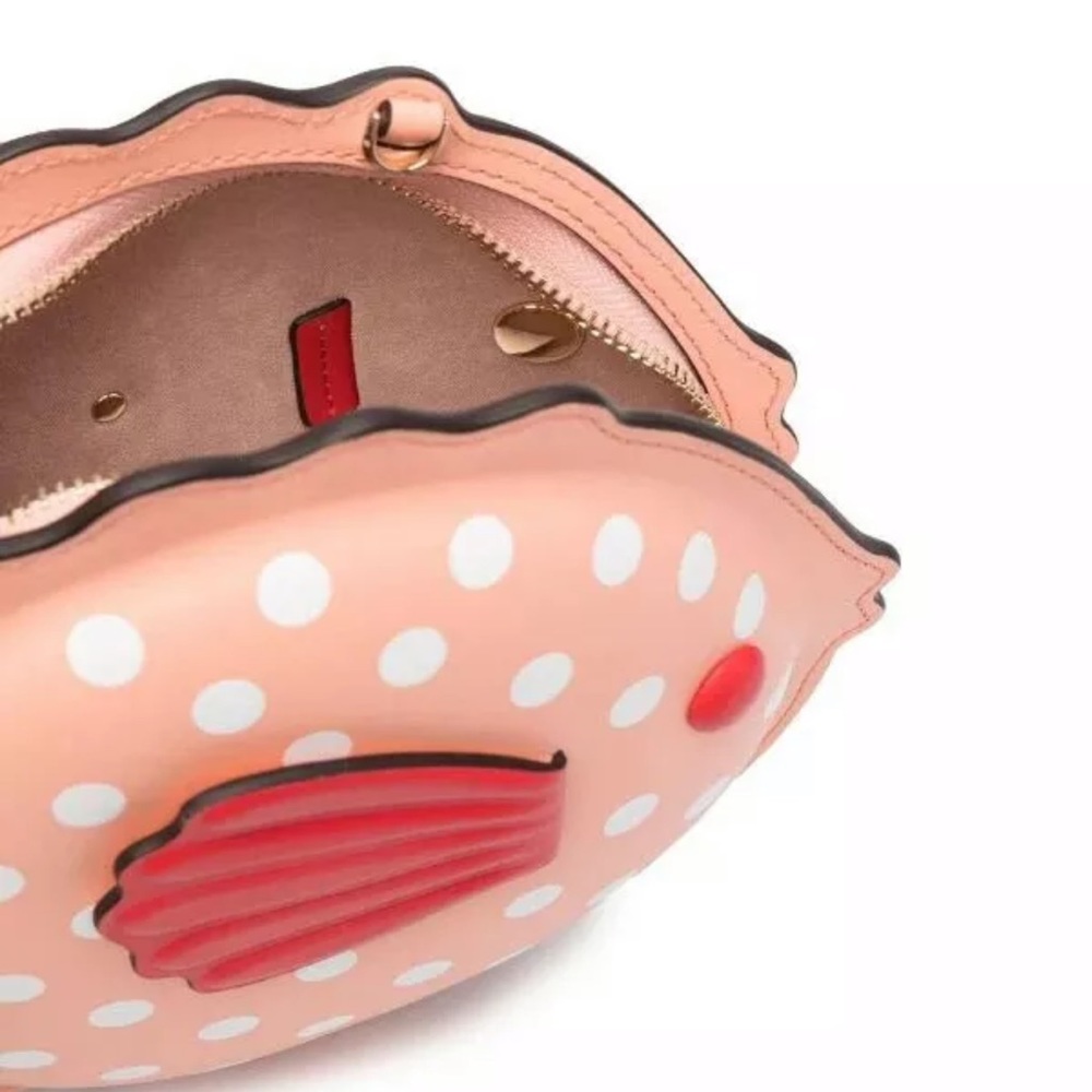 Kate Spade Novelty Bag Puffer Fish Leather Crossbody Guava Juice Pink White Dots - Picture 4 of 4